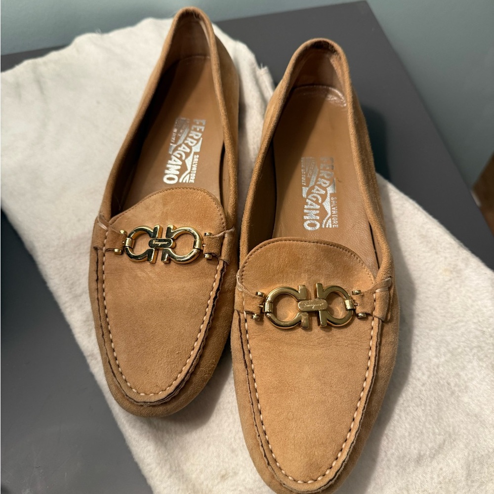 Salvatore Ferragamo Brown Suede Loafers with Gold Accent